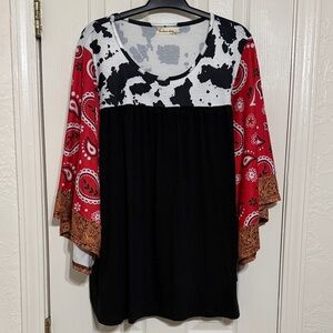 Mixed-Print Boho Tunic Top in Black, Red & White